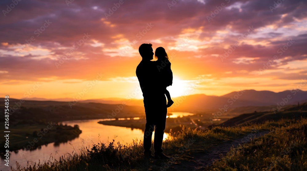 Fototapeta premium Loving father holding his little daughter in a heartwarming silhouette against a vibrant golden hour sunset with soft dramatic lighting
