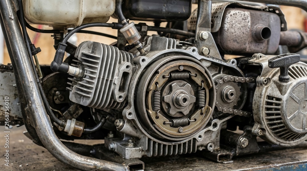 Fototapeta premium Close up of a small gasoline engine showing internal mechanical components.
