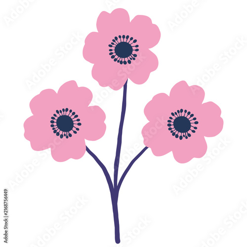 Minimal flat pink anemone branch illustration, triple stem anemone flower clipart top view, botanical flower icon isolated on white background
