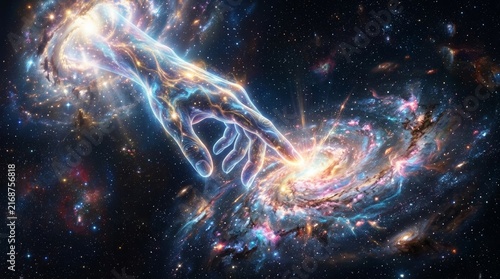 Cosmic connection of energy hands reaching across the universe.