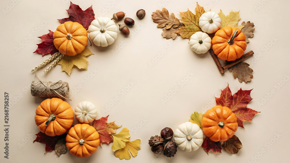 Fototapeta premium Autumnal flatlay with pumpkins leaves and fall season decorations