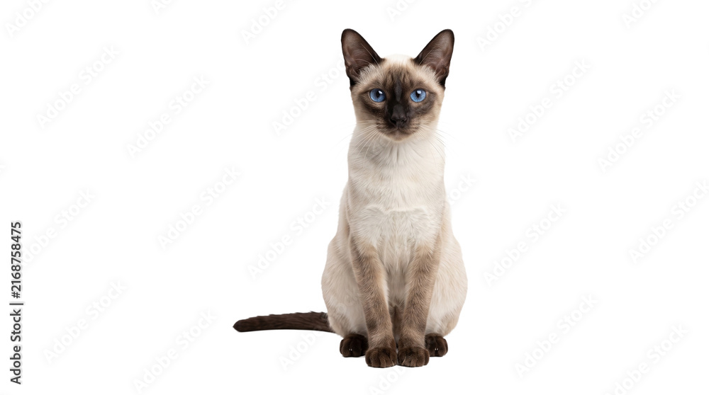 Obraz premium Siamese cat with striking blue eyes sits elegantly, exuding grace and sophistication for animal lovers or pet products.