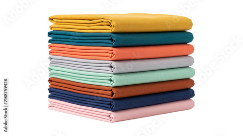 Foto Stack of neatly folded colorful fabric sheets offers textile variety for clothing design, home decor, or craft projects