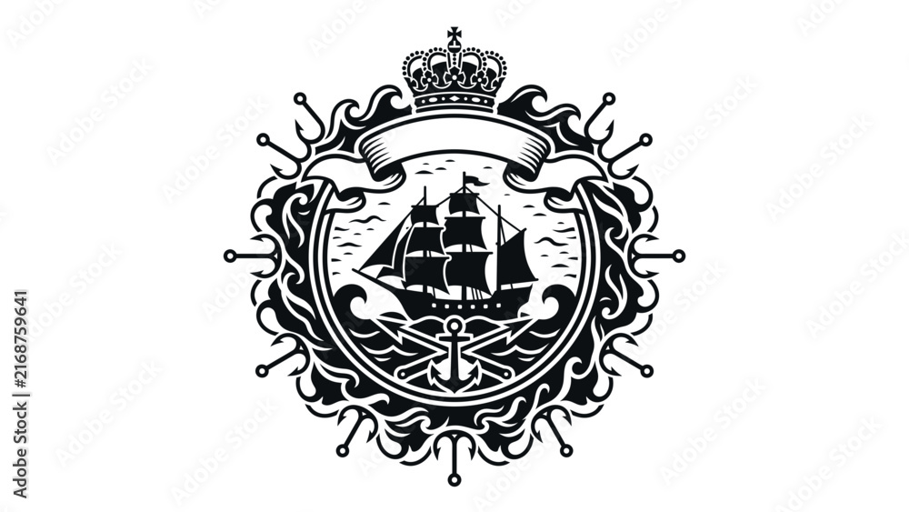 Fototapeta premium Decorative sailing ship badge illustration.