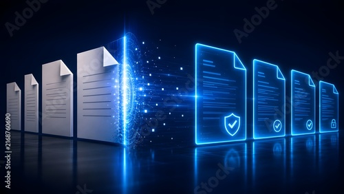 Paper Documents Passing Through Digital Cyber Portal Into Secured Cloud Files