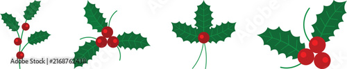 Christmas holly leaves and red berry decoration vector set featuring festive botanical elements, holiday floral accents, winter greenery, and seasonal Christmas design illustrations.