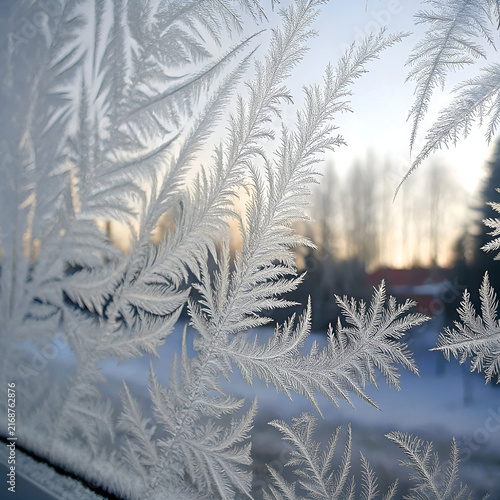 intricate frost patterns on a windowpane with white