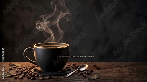 Steaming Black Coffee Cup with Roasted Beans on Dark Background