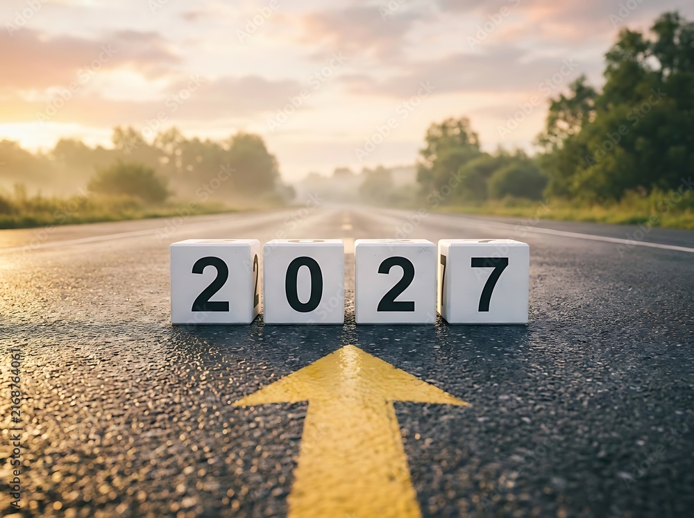 Obraz premium 2027 year concept with white cubes on a road with yellow arrow