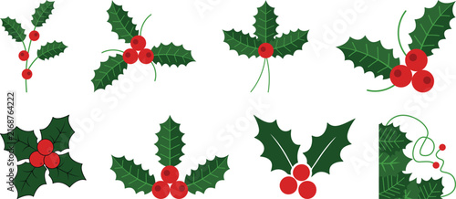 Christmas holly leaves and red berry decoration vector set featuring festive botanical elements, holiday floral accents, winter greenery, and seasonal Christmas design illustrations.