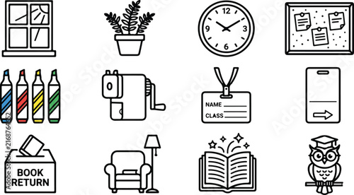 Set of school, classroom, and education line icons including window, potted plant, wall clock, bulletin board, colorful markers, pencil sharpener, student ID card, hall pass, book return box