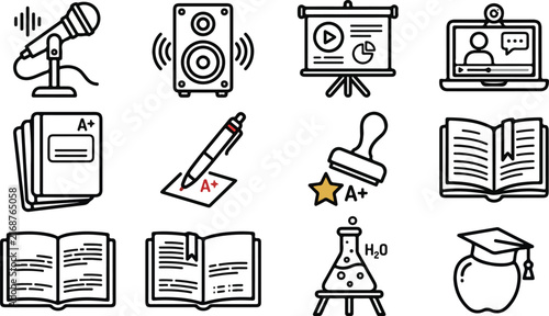 Set of education, online learning, and school line icons including microphone, speaker, presentation screen, video call laptop, homework, grading pen, stamp, open book, dictionary, grammar book