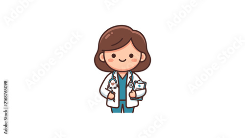 Female pediatrician character holding a small kitten.