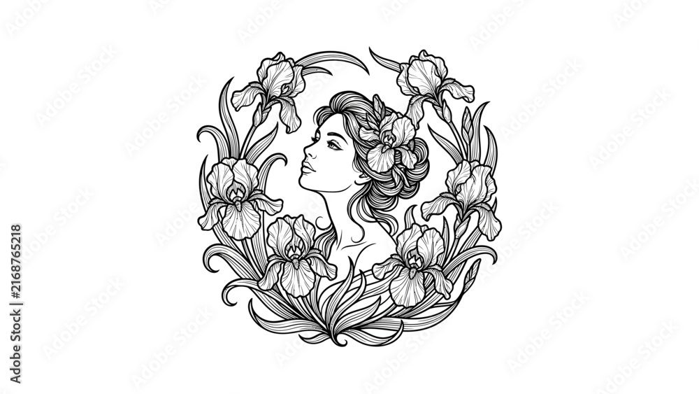 Fototapeta premium Female profile with iris flower wreath line art.