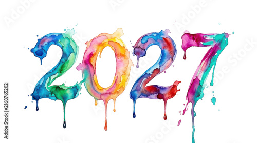 Colorful watercolor numbers 2027 with dripping paint effect PNG Isolated on transparent background