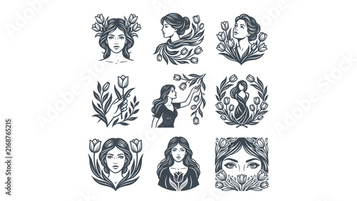 Feminine portraits with floral line art.