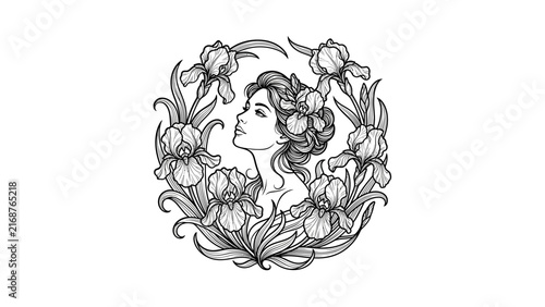Female profile with iris flower wreath line art.