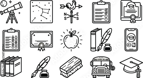 Set of education and school line icons including telescope, constellation, weather vane, attendance clipboard, award certificate, apple, encyclopedia, feather pen, online learning app, school bus