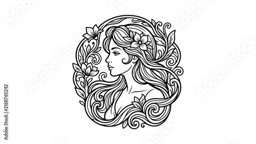 Feminine portrait with long wavy hair and circular floral motifs.