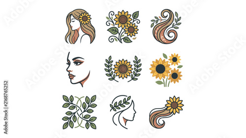 Feminine profile illustrations and sunflower design elements.