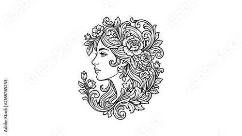 Feminine profile with intricate floral hair design.