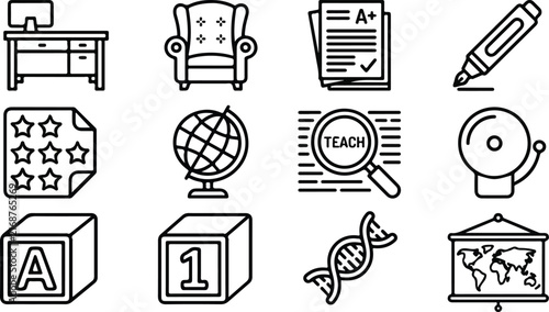 Set of education, school, and office line icons including desk, armchair, test paper with A plus, highlighter, stars rating, globe, search teach, school bell, alphabet block, number block, DNA