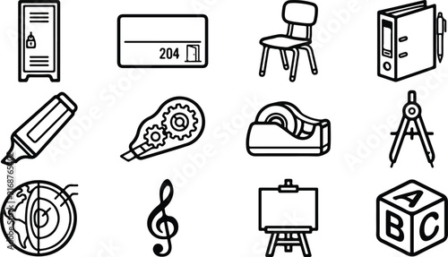 Set of school and classroom line icons including locker, classroom sign, chair, binder, highlighter, correction tape, tape dispenser, compass, globe, music note, easel, and ABC block.