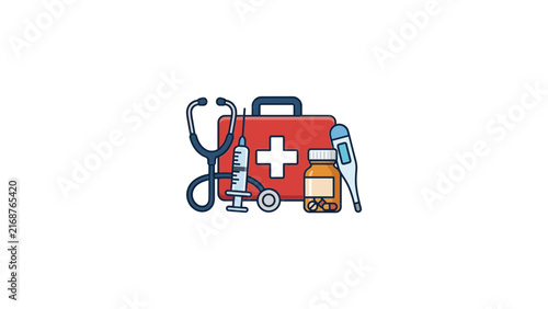 First aid kit with stethoscope and medicine.