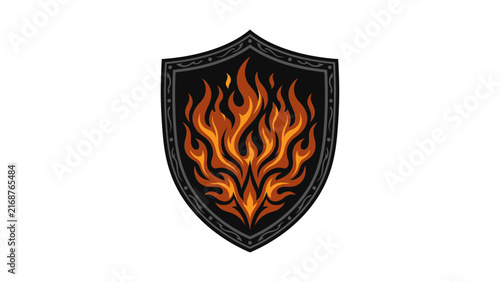 Flaming shield emblem with fire graphic.