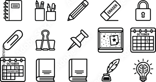 Set of school and stationery line icons including notebook, pencil, eraser, calendar, literature books, and study elements.