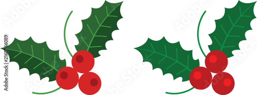 Christmas holly leaves and red berry decoration vector set featuring festive botanical elements, holiday floral accents, winter greenery, and seasonal Christmas design illustrations.