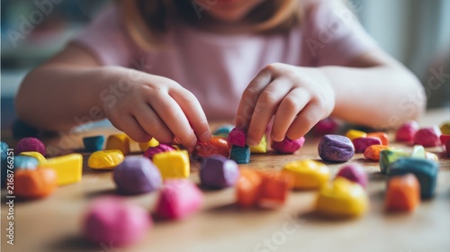 Children's creativity. Summer holidays. Child's hands play with colorful wooden toy cars on a wooden table, various shapes and sizes scattered around. organizational kids learning concept