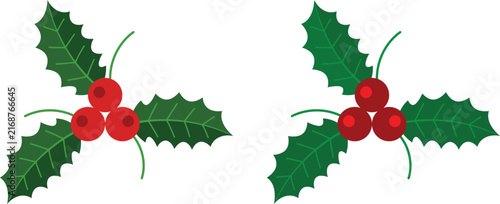 Christmas holly leaves and red berry decoration vector set featuring festive botanical elements, holiday floral accents, winter greenery, and seasonal Christmas design illustrations.