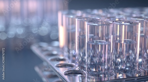 DNA. concept of genetic testing process. Clear glass test tubes arranged in laboratory rack with reflections, scientific research and experimentation in a modern lab environment
