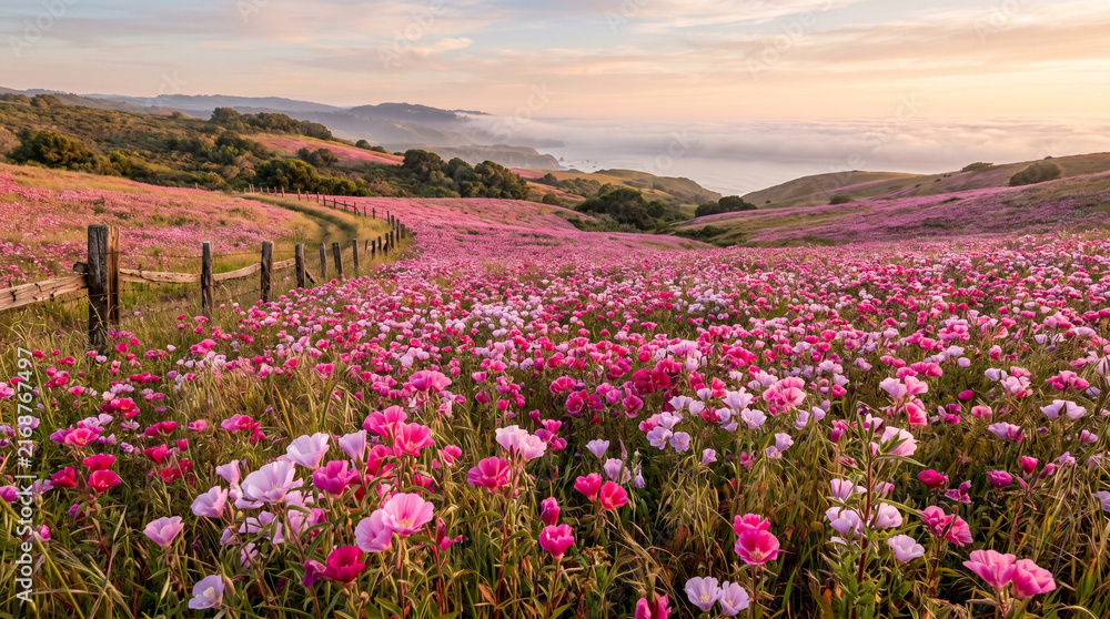 Obraz premium Vibrant pink wildflowers bloom across rolling hills under a soft golden sunset near the coast