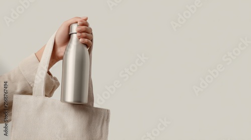 concept of conscious choices of Gen Z. Female model in beige outfit holds a reusable water bottle in a canvas tote bag against a neutral background