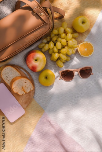 concept of summer relaxation. Gen Z outdoor picnic. Summer picnic scene with fruits, sunglasses, and a handbag arranged on a colorful blanket outdoors