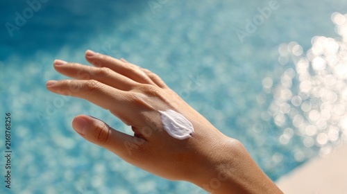 Gen Z . sun protection and summer care. Close-up of female hands applying moisturizing cream by poolside with blurred water background and sunlight reflections