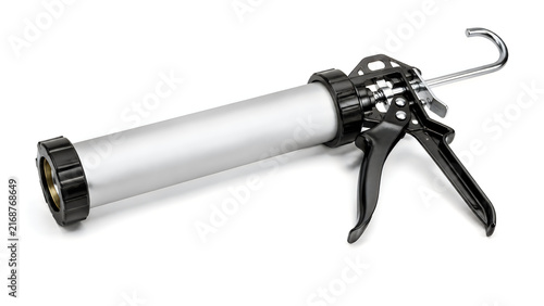 Silver caulking gun sealant applicator tool on white surface.