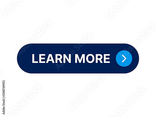 Dark blue learn more button with rounded corners and blue arrow icon