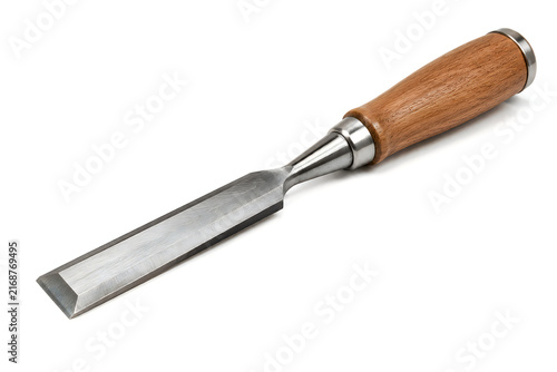 Wood chisel with steel blade and ergonomic timber handle.