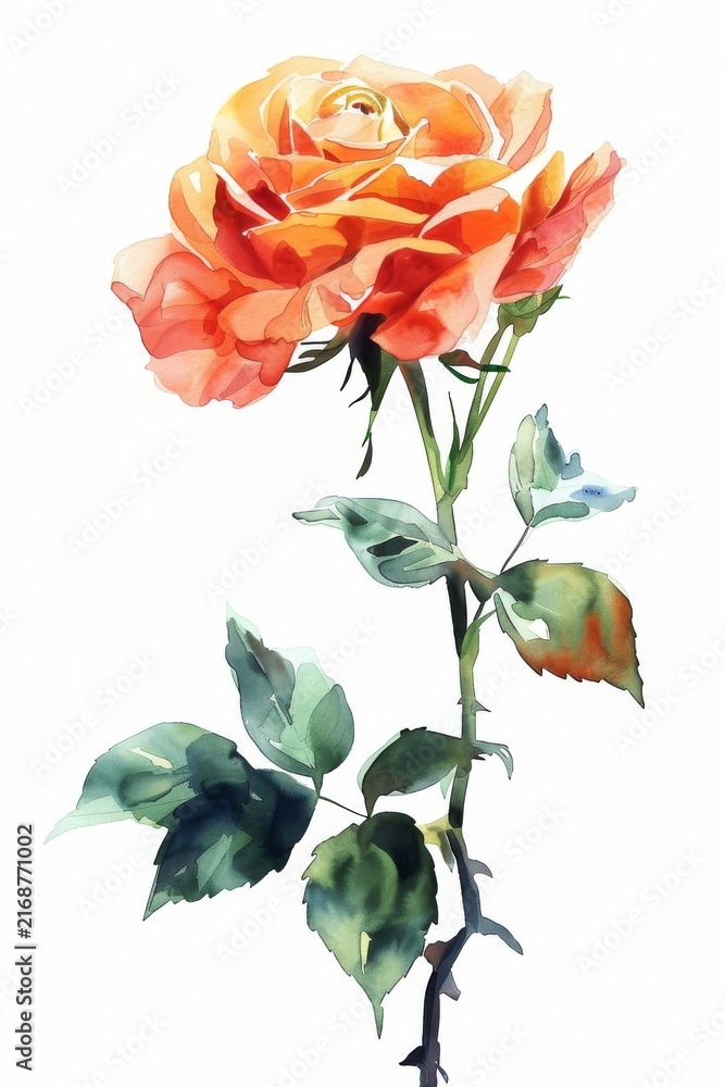 Obraz premium Vibrant watercolor illustration of a blooming orange rose with lush green leaves on a white background