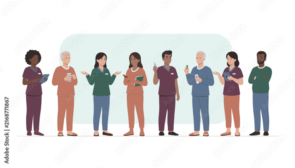 Obraz premium Diverse group of medical professionals and patients in scrubs and casual clothes standing together in a line.