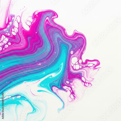 Vibrant fluid acrylic pour painting with swirling colors of pink, cyan, and white on a clean background.