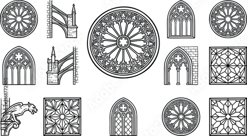 Gothic cathedral architecture set rose window arches flying buttress gargoyle line art vector illustration collection.