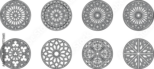 Gothic rose window cathedral stained glass round ornaments set rosette tracery line art vector illustration collection.