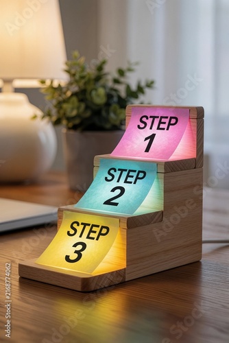 Colorful Glowing Steps 1 2 3 on Wooden Desk for Process and Progress