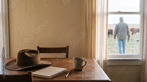 Cowboy hat and notebook on table with rancher outside window