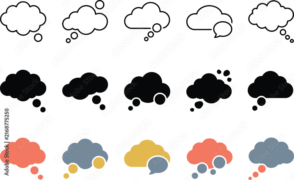 Obraz premium Thought Bubble Icon Set Vector Illustration in Line, Silhouette, and Flat Style