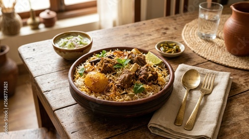 A wooden table with a bowl of biryani and a glass of water on it.